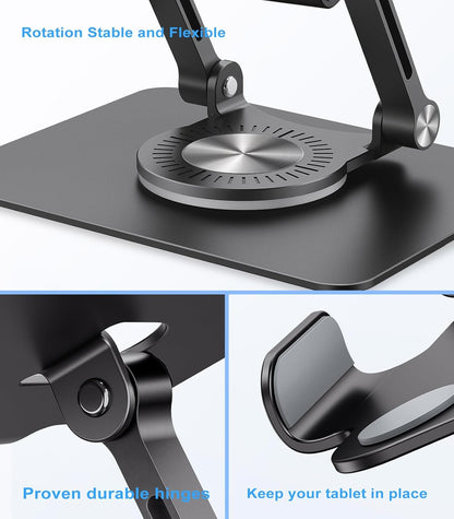 JOIOT Swivel Tablet Stand with 360 Rotating Base, Adjustable Holder for Drawing, Compatible with iPad Pro/Air/Mini and More (Black)