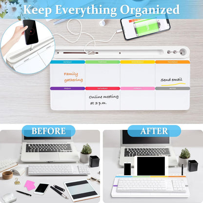 DOLLAR BOSS Glass Desk Whiteboard Calendar Small Dry Erase Board Desktop White Board with Storage Drawer Computer Keyboard Stand Desk Organizer, Colorful Weekly Calendar, Black