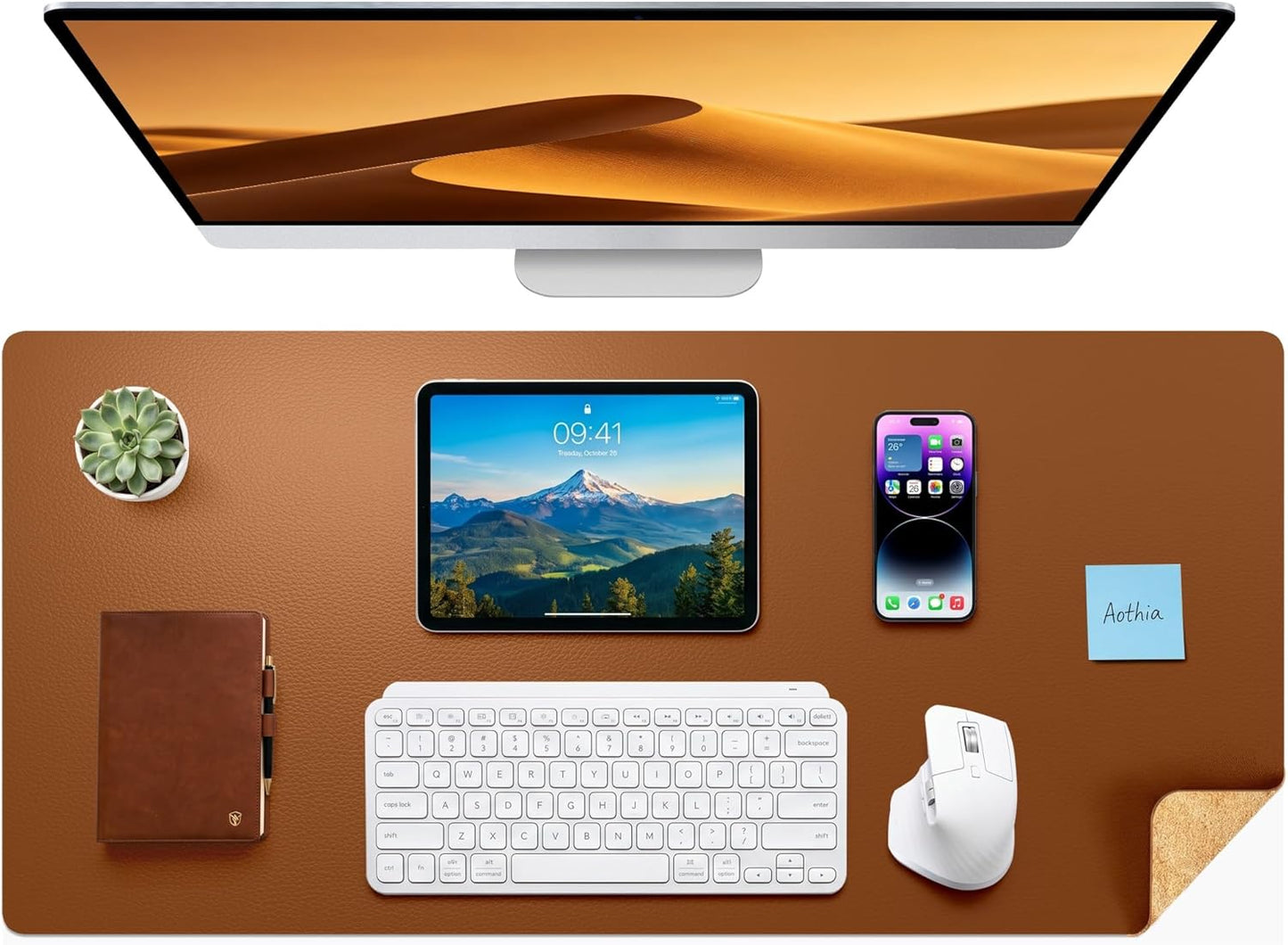 Aothia Dual-Sided Desk Pad - 25.6x13.7 inches Leather Desk Mat, Natural Cork Desk Pad Protector, Large Mouse Pad for Desk, Waterproof Desk Blotter Pad, Desk Writing Pad for Office Work/Home, Black