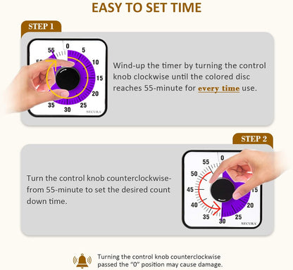 Secura 60-Minute Visual Countdown Timer, 7.5-Inch Oversize Classroom Visual Timer for Kids and Adults, Durable Mechanical Kitchen Timer Clock with Magnetic Backing (Blue)