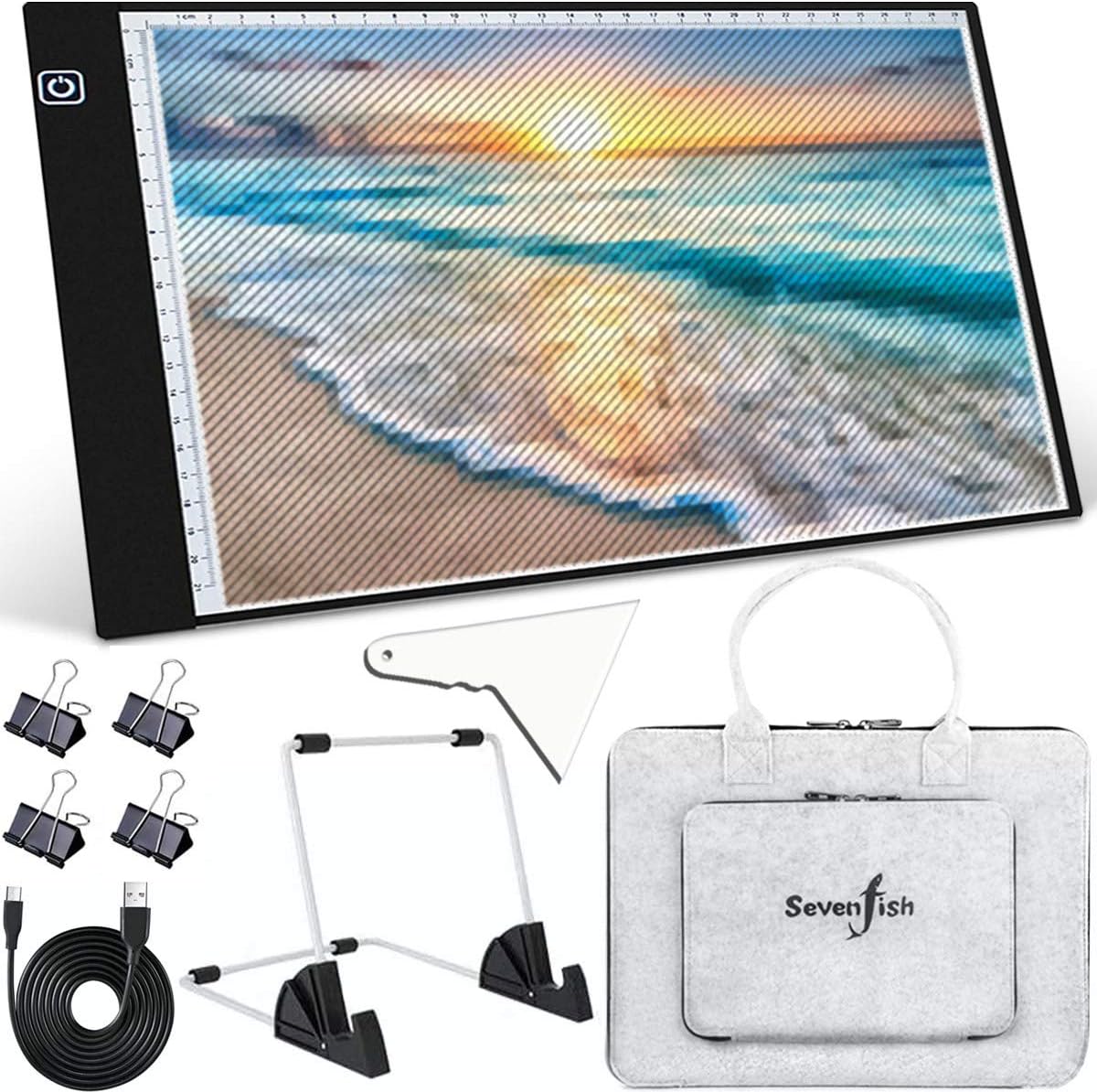 SevenFish Diamond Painting Tools A4 LED Light Pad, Stand, Handbag, USB Powered Ultra-Thin Adjustable Brightness Light Board Light Box for Drawing, Tracing, Sketching, 5D Diamond Art Painting