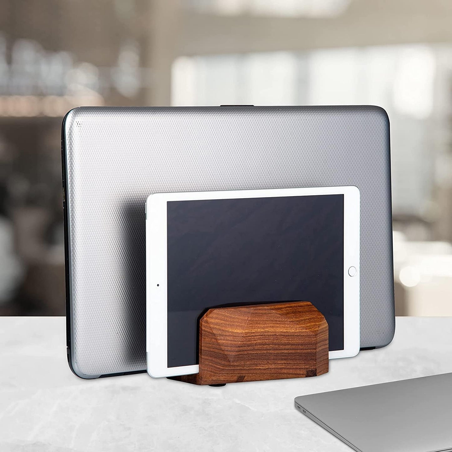 Premium Vertical Laptop Stand – Wooden Dock Compatible MacBook & Laptops | Dual Dock Slot | Ergonomic Desktop Holder & Space-Saving Office Desk Accessory (Indian Rosewood)