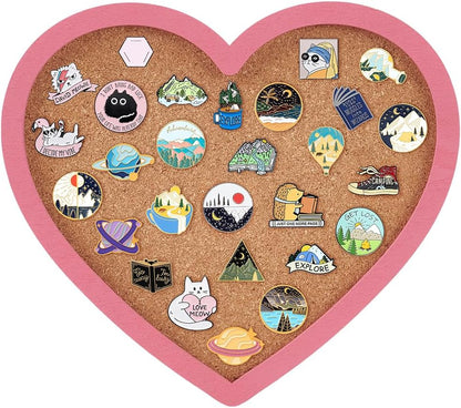 BENECREAT Pearl Pink Heart Pin Cork Board, 7.8x7.1inch Bulletin Display Board Wall Mounted Cork Board with Pink Frame for Brooch Pin Storage Display, Office Home and School Decor