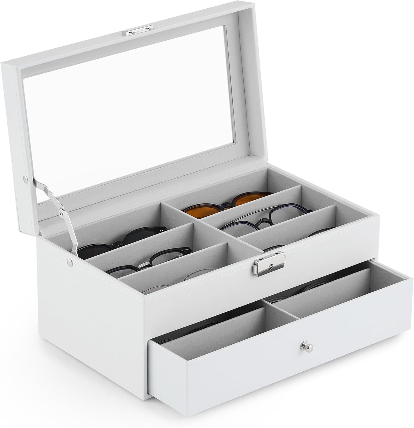 CO-Z Sunglasses Organizer with 12 Slots, Multiple Eyeglasses Eyewear Display Case for Women Men, 2 Story Leather Multi Sunglasses Jewelry Collection Holder with Drawer