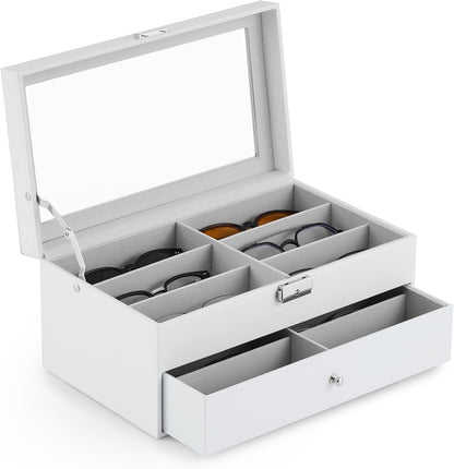 CO-Z Sunglasses Organizer with 12 Slots, Multiple Eyeglasses Eyewear Display Case for Women Men, 2 Story Leather Multi Sunglasses Jewelry Collection Holder with Drawer