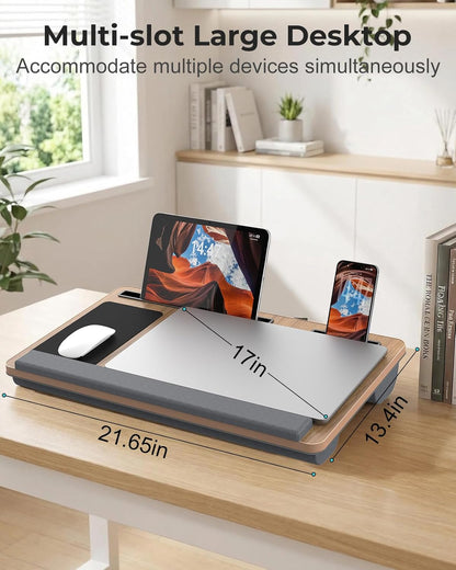 Potuopy Lap Desk- Fits up to 17” Laptop Lap Desk with Wrist Pad, Laptop Lap Pad, Lap Desks for Adults Laptop Stand for Bed with Cushion and 2 Upgraded Mouse Pads, Tablet and Phone Slots (Dark Brown)