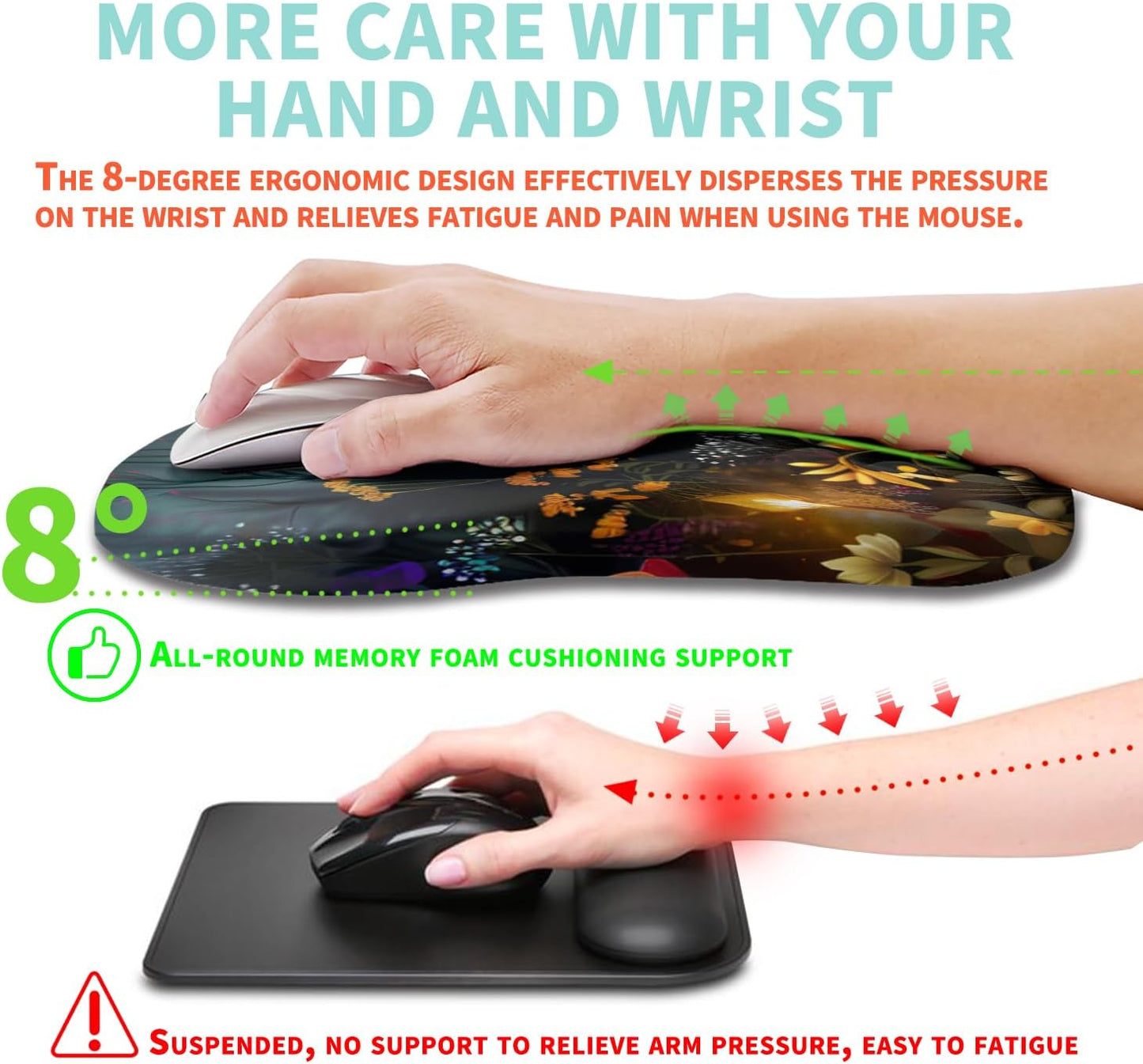 Ergonomic Mouse Pad Wrist Support with Memory Foam Massage Bulge, Carpal Tunnel Pain Relief Mousepad Wrist Rest for Mouse(12x8 inch, Silver Gray Light Purple)