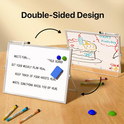 Marsrock Dry Erase White Board with Stand,Double-Sided Weekly Whiteboard 16"x12", 10 Markers, 6 Magnets, 1 Eraser, Portable Desktop Whiteboard for Planning,Weekly Schedule Board for School for Home