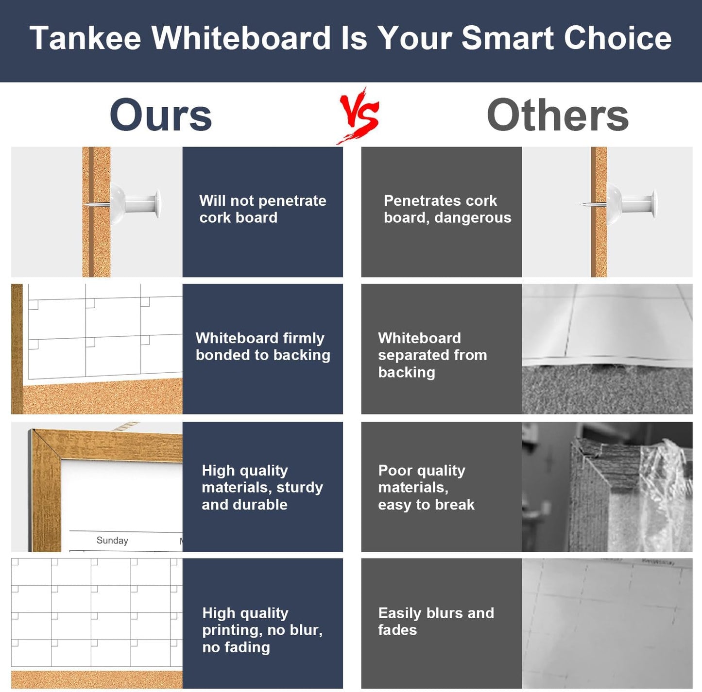 Calendar Whiteboard for Wall, TANKEE 17x13 Inches Whiteboard Calendar Cork Board Combo, Small Magnetic White Board with Wood Framed, Hanging Dry Erase Board for Kitchen Home Office School Planner