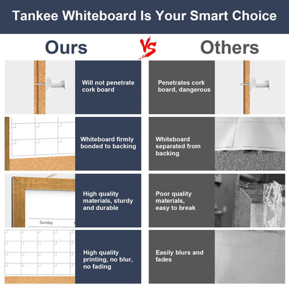 Calendar Whiteboard for Wall, TANKEE 17x13 Inches Whiteboard Calendar Cork Board Combo, Small Magnetic White Board with Wood Framed, Hanging Dry Erase Board for Kitchen Home Office School Planner