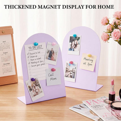 2 Pack Purple Magnetic Display Board, 11 × 8" Metal Desktop Magnet Bulletin Board, Anti-Slip Arch Memo Message Photo Display Board for Organized Space at Home, Office, Dorm, Store Table