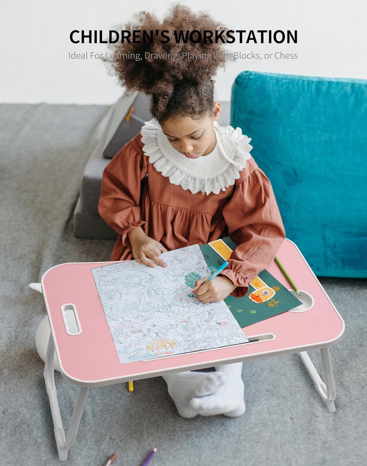 ZEAPTAC Laptop Bed Desk, Foldable Lap Desk, Portable Lap Table, Laptop Stand with Cup Holder, Tablet Slot & Lifting Handle for Work, Write, Draw & Eat on Bed, Sofa or Couch - Pink