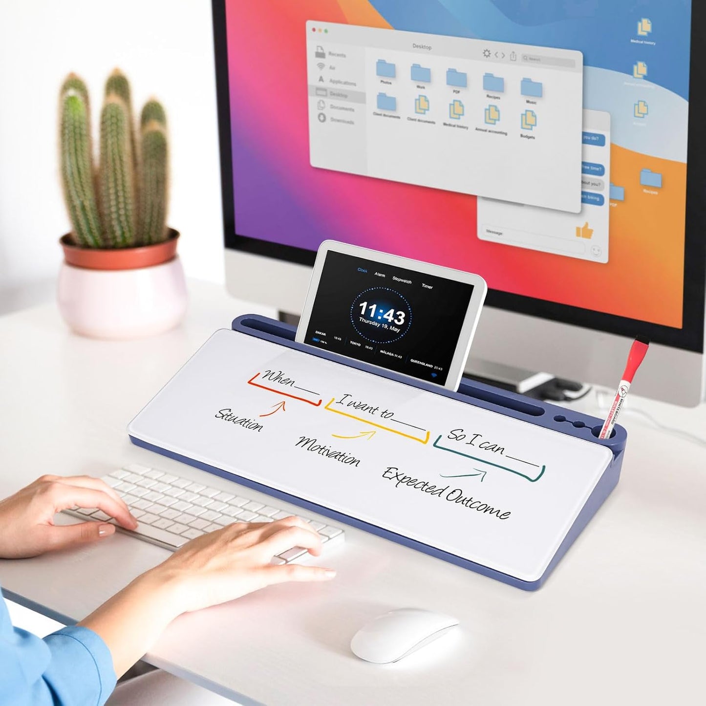 DOLLAR BOSS Glass Desk Whiteboard Calendar Small Dry Erase Board Desktop White Board with Storage Drawer Computer Keyboard Stand Desk Organizer, Colorful Weekly Calendar, Black