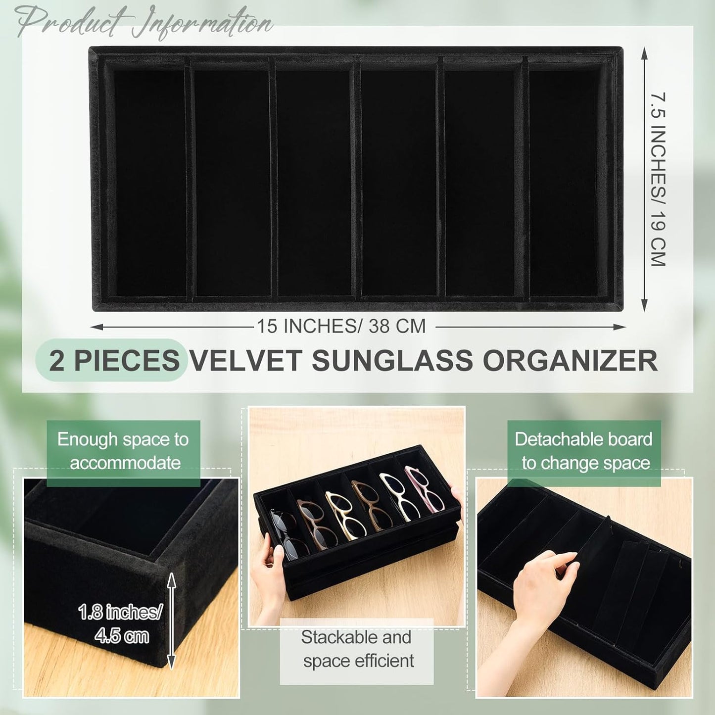 Juexica 2 Pcs Velvet Sunglasses Organizer Tray 6 Grid Sunglass Organizer Velvet Tray Stackable Glasses Display Case for Women Glasses Jewelry Display Watch (Beige)