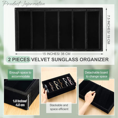 Juexica 2 Pcs Velvet Sunglasses Organizer Tray 6 Grid Sunglass Organizer Velvet Tray Stackable Glasses Display Case for Women Glasses Jewelry Display Watch (Beige)