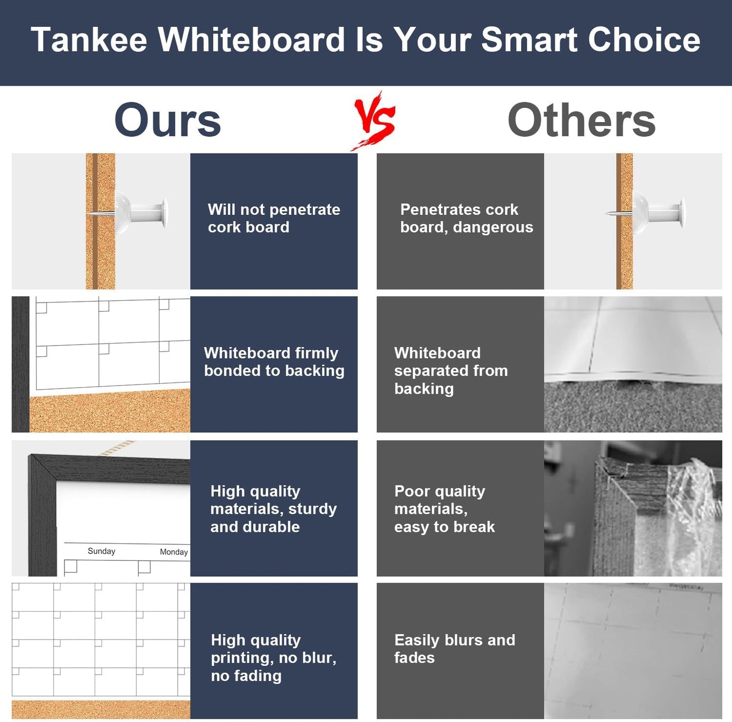 Calendar Whiteboard for Wall, TANKEE 17x13 Inches Whiteboard Calendar Cork Board Combo, Small Magnetic White Board with Wood Framed, Hanging Dry Erase Board for Kitchen Home Office School Planner