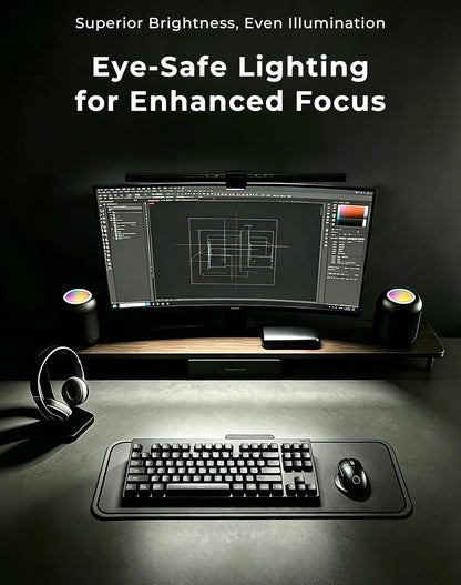 RGB Monitor Light Bar with Wireless Remote, Dual-Source Gaming Computer Lamp for Curved & Flat Monitors (0.39"-1.18"), Ambient Backlight, Stepless Dimming (Ra95), No Glare Desk Setup