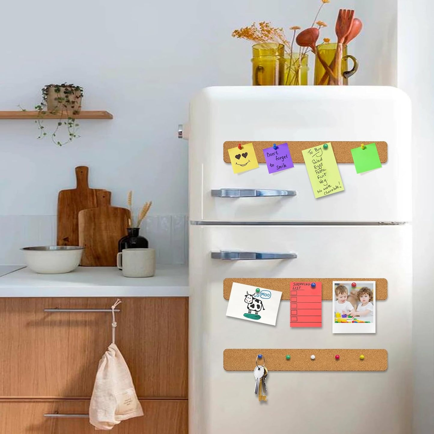 6 Pack Corkboard Strips for Walls, Self Adhesive Thick Cork Board Strips, Peel and Stick Cork Board with 50 Push Pins for Paste Notes, Photos, Schedules