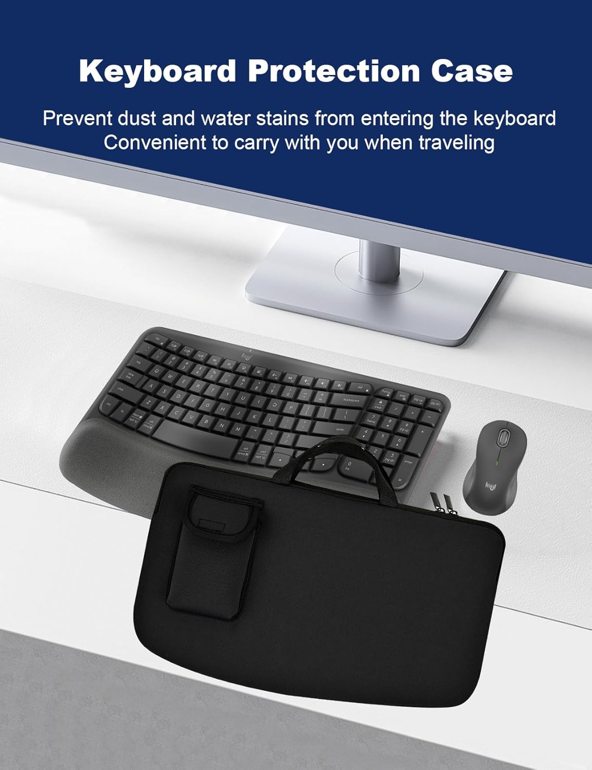 Portable Keyboard Travel Bag Shockproof Waterproof Dustproof Protective Neoprene Sleeve Compatible with Logitech Wave Keys Wavy Keyboard MK670 /Wireless Ergonomic Keyboards Mouse Combo (Black)