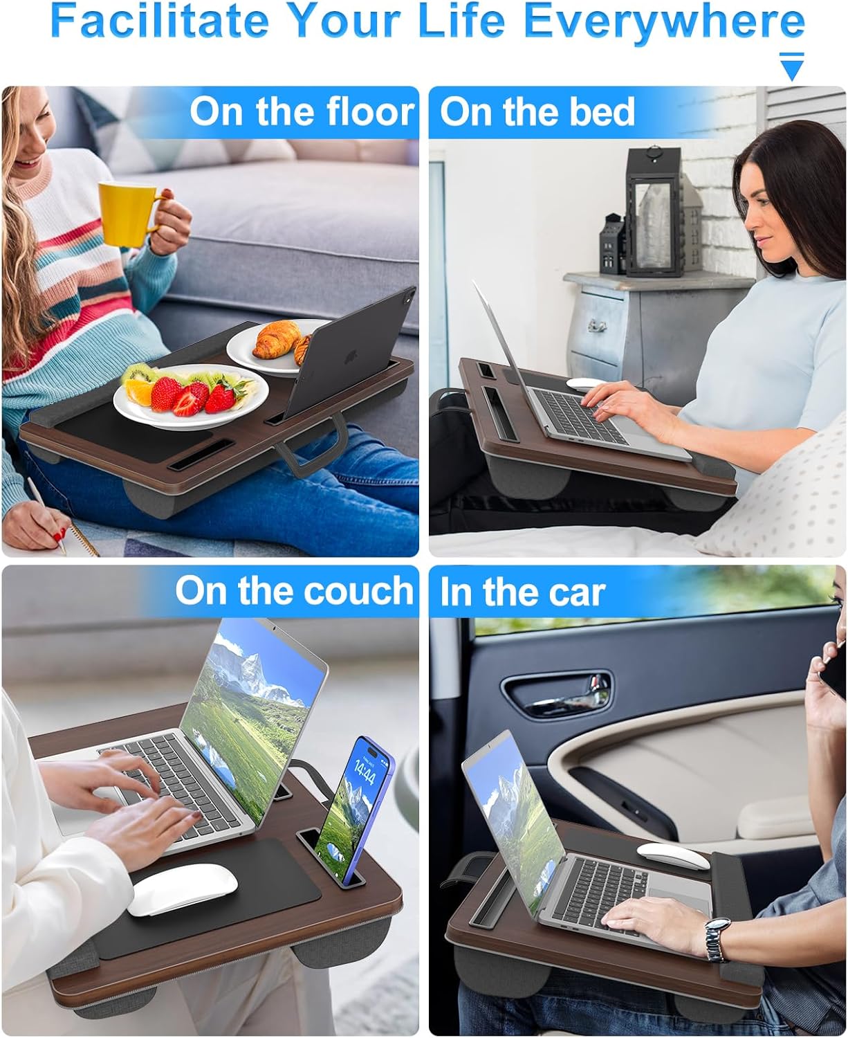 HETTHI Laptop Lap Desk, Portable Large Laptop Desk for Bed, Up to 17 Inch Lap Pad Tray with Wrist Rest, Mouse Pad, Tablet Phone Slot, Portable Handle, Cushion (Black)