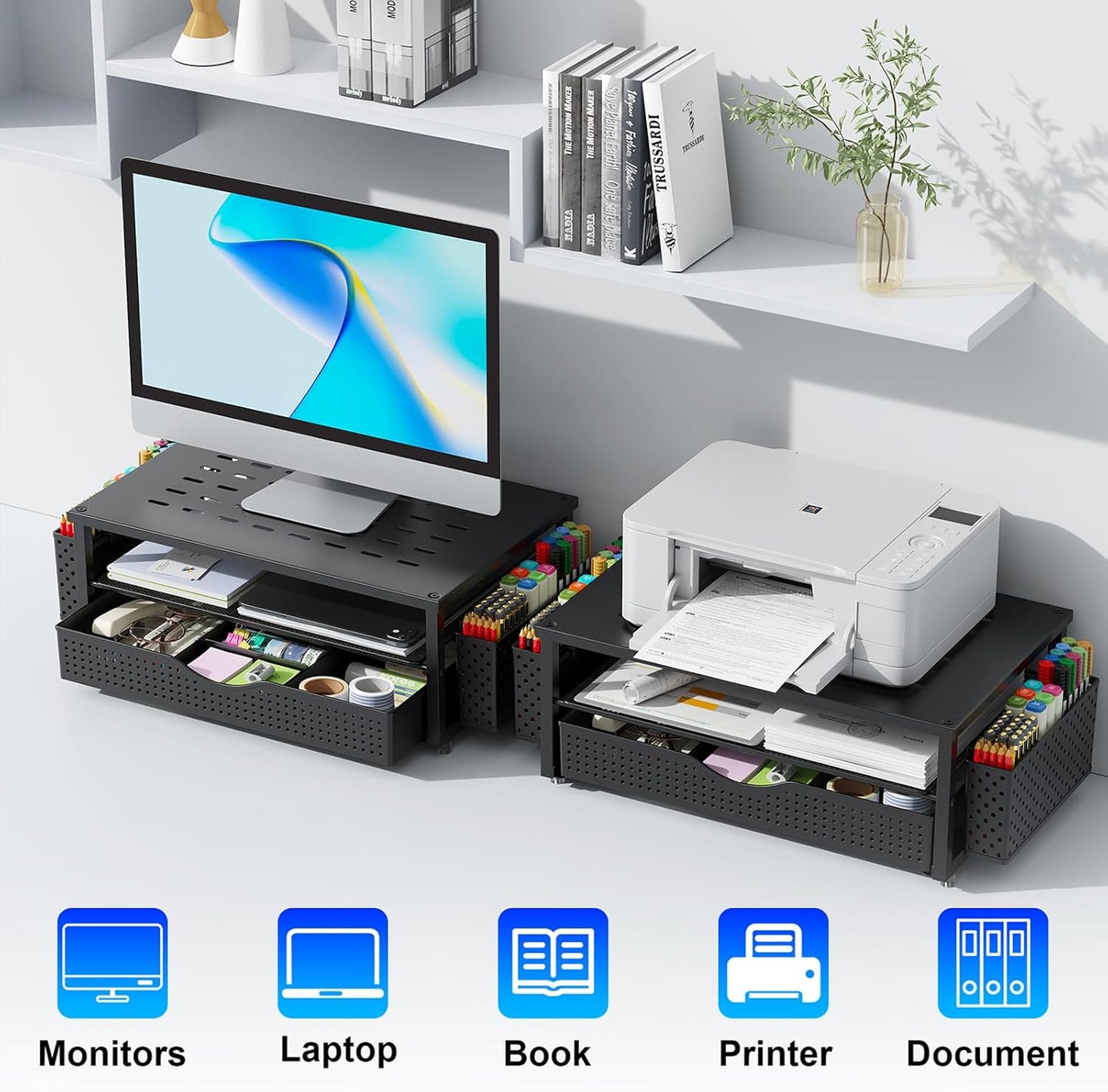 gianotter Monitor Stand Riser, Office Desk Shelf Organizer, Desk Organizer with Drawer and Pen Holder, 2-Tier Computer Stand, Office Organization (Ink)