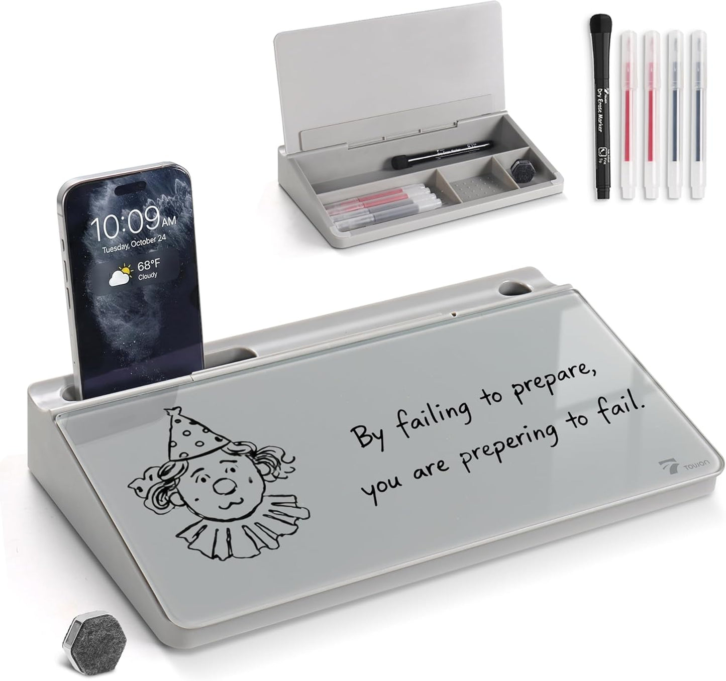 TOWON Small Compact Glass Desktop Whiteboard with Storage – 12 x 7 in Dry Erase Board for Desk, Home Office, School | Includes 5 Markers, Eraser & Holder | Space-Saving Organizer, Aesthetic Rose Gold