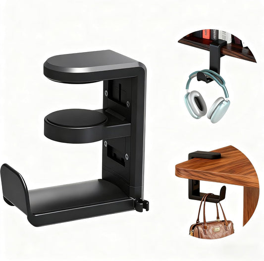 Universal Headphone Stand, Desk Mount Holder with 360 Degree Swivel, Gaming Headset Organizer, Clamp-on Under Desk Hanger with Cable Clip for Office, Home