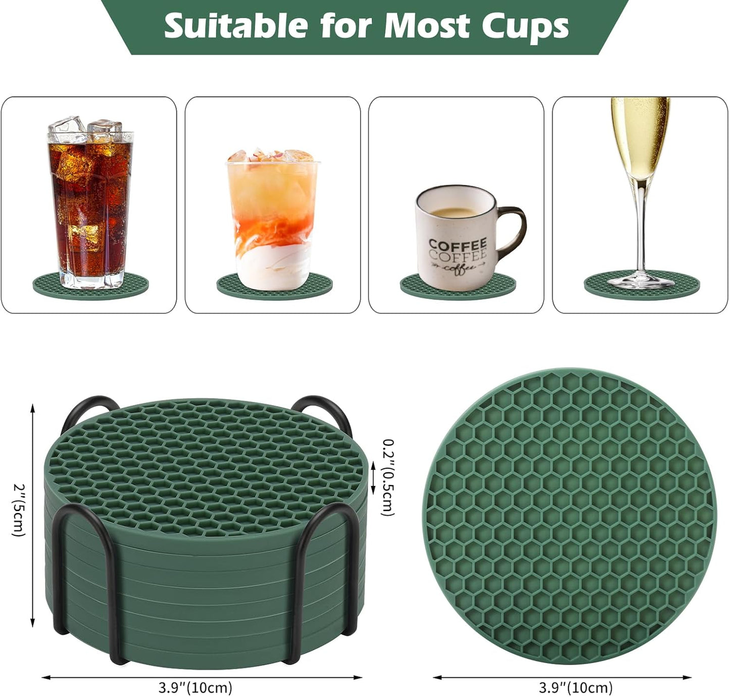 TWTLi Silicone Coasters Set of 8 with Holder,Coasters for Drinks,Beer,Coffee Coasters,Suitable for Kinds Cups,Hot or Cold,Anti-SLI,Non-Stick,Anti-Overflow Tabletop Protection and Decor (8 Pcs, Black)
