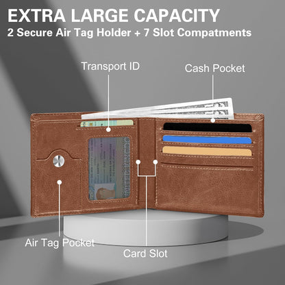 GIPUSSON Slim Leather Wallet for Men Airtag Hidden, Large Bifold Mens Wallet RFID Blocking with ID Windows, Credit Card Holder for Men Wallet