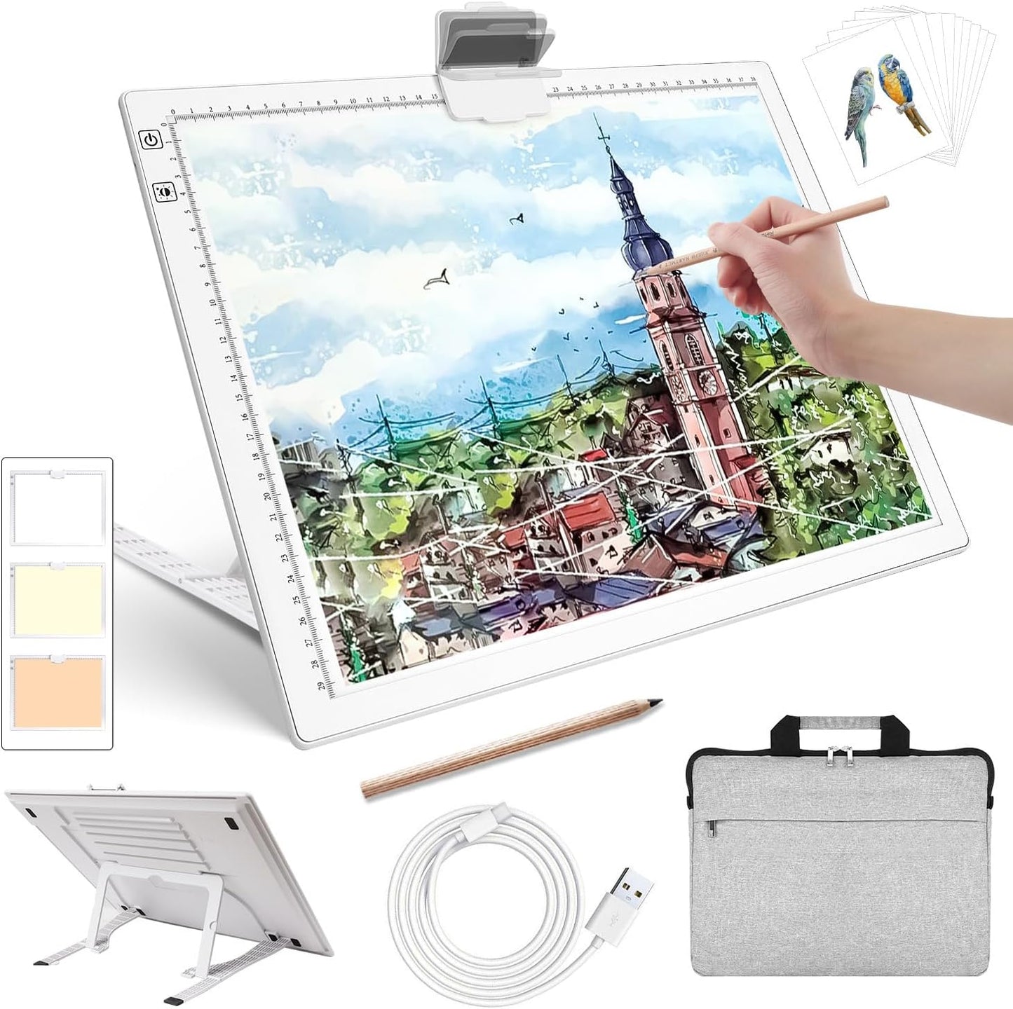 Rechargeable A4 Light Box with Padded Case,led Light pad with Built-in Stand & Clip,6 Levels of Brightness lightbox for tracing,Diamond Painting.Light Table for Artists,Drawing,Sketching,Animation