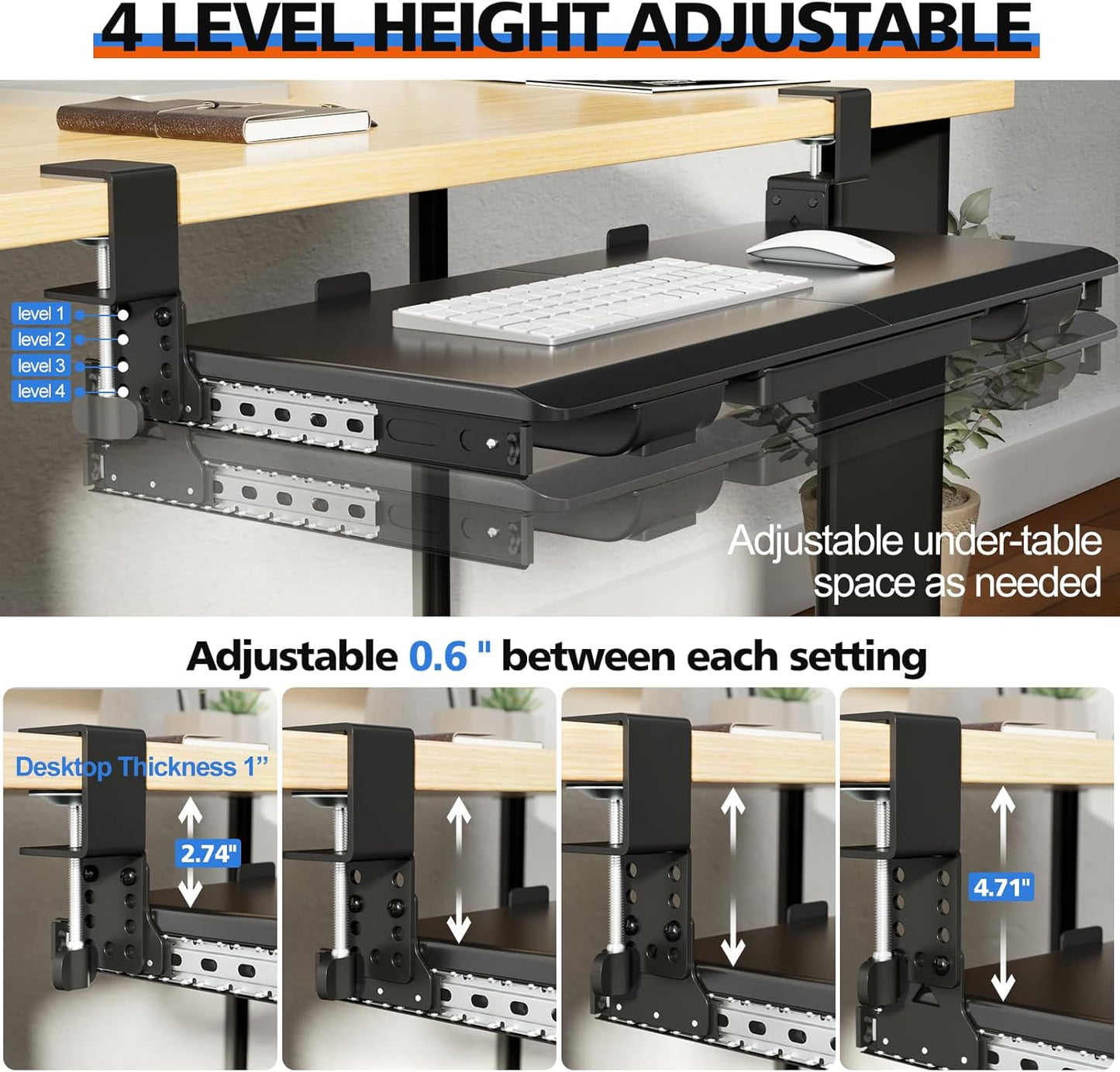Large Height Adjustable Keyboard Tray with Sturdy C-Clamp Mount and Storage Drawer, 27"(31"Including Clamps) x 12" Slide Out Ergonomic Keyboard Trays for Home and Office, Black