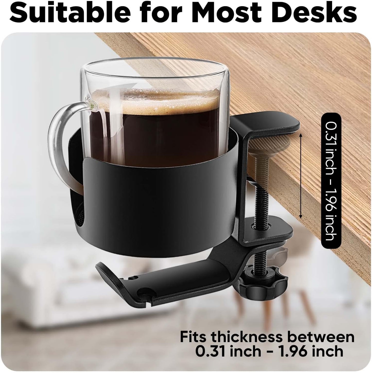 OOKUU 2 in 1 Desk Cup Holder with Headphone Hanger, Anti-Spill Cup Holder for Desk or Table, Easy to Install, Sturdy and Durable, Enough to Hold Coffee Mups, Water Bottles, Headphones