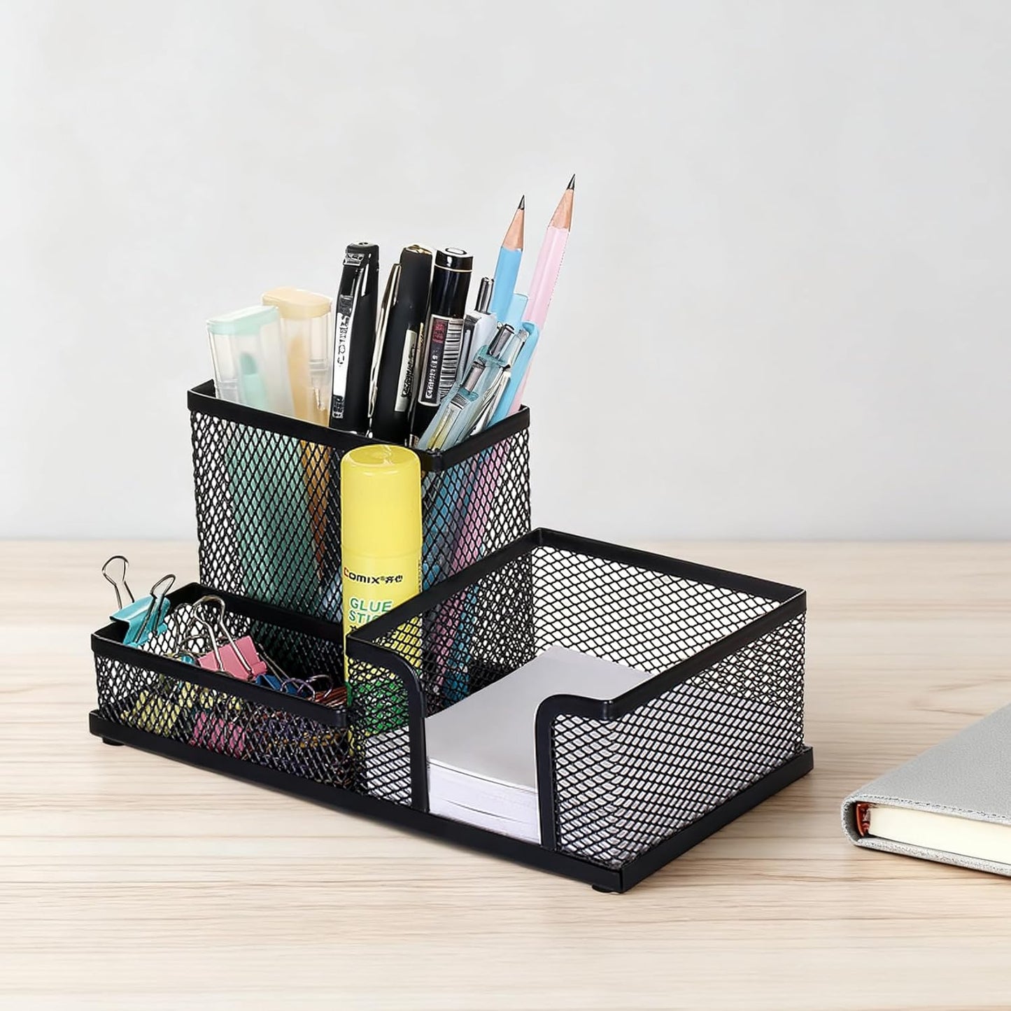 Comix Mesh Pen Pencil Holder Desk Organizer, 3 Compartment Wire Desktop Pen Pencil Cup Caddy Office Supplies Accessories for Home Office School, Black(2 Pack)