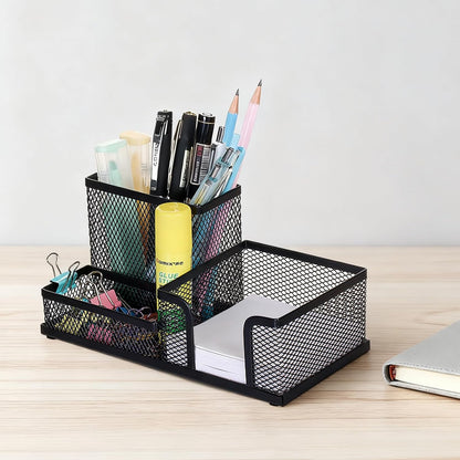 Comix Mesh Pen Pencil Holder Desk Organizer, 3 Compartment Wire Desktop Pen Pencil Cup Caddy Office Supplies Accessories for Home Office School, Black(2 Pack)