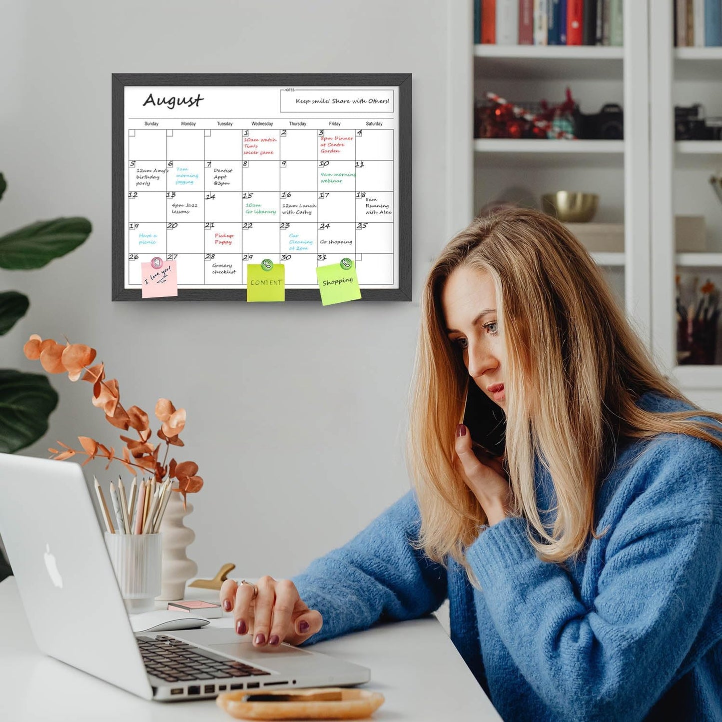 Calendar Whiteboard for Wall, TANKEE 17x13 Inches Whiteboard Calendar Cork Board Combo, Small Magnetic White Board with Wood Framed, Hanging Dry Erase Board for Kitchen Home Office School Planner