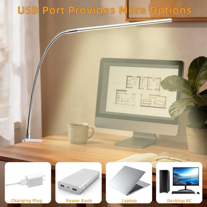 Space Aluminum LED Desk Lamp with Clamp, Clip on Light for Reading Study Desk Light 3 Modes 10 Brightness Flexible Gooseneck with USB Adapter Table Lamp for Home Office Computer Nail Work