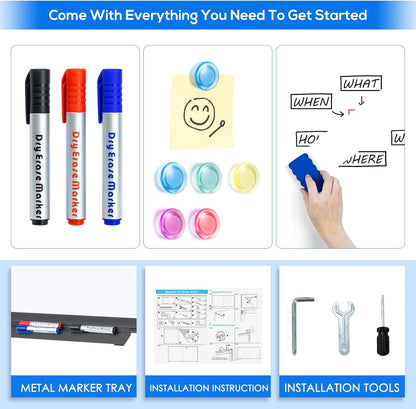 Magnetic White Board Dry Erase Board for Wall，72" x 40" Wall-Mounted Aluminum Frame Marker Board, Foldable Portable Whiteboard with a Long Pen Tray for School, Classroom, Office & Home