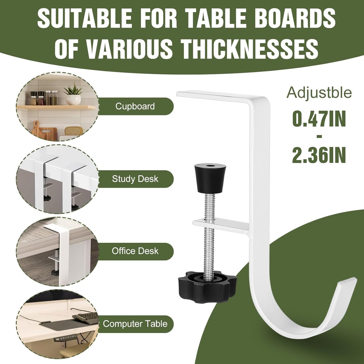 4Pcs Purse Hook for Table, Handbag Hanger for Desk Clamp-On Under Desk Backpack Hanger Adjustable White Bag Hook for Tables Heavy Duty Organize Desktop