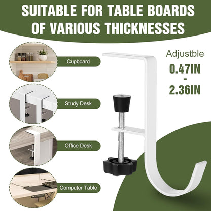 4Pcs Purse Hook for Table, Handbag Hanger for Desk Clamp-On Under Desk Backpack Hanger Adjustable White Bag Hook for Tables Heavy Duty Organize Desktop