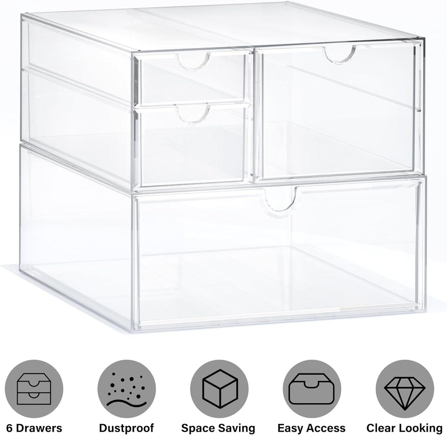 Prsildan Acrylic Drawer Makeup Organizer with 6 Drawers (Not for Baby Bottle), Set of 2 Office Desk Organizers Accessories, Clear Stackable Storage Drawers for Vanity, Craft (Largest Drawer 4" Tall)