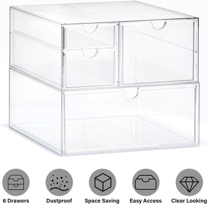 Prsildan Acrylic Drawer Makeup Organizer with 6 Drawers (Not for Baby Bottle), Set of 2 Office Desk Organizers Accessories, Clear Stackable Storage Drawers for Vanity, Craft (Largest Drawer 4" Tall)