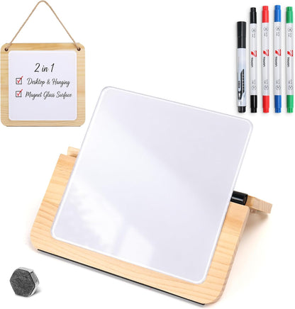 Magnetic Glass Desktop Whiteboard with Solid Wood Stand, Adjustable Foldable Mini Dry Erase Board, 2-in-1 Tabletop & Hanging Glassboard with Rustic Rope, Reusable Home Office School, Black and Square