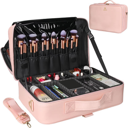 Relavel Makeup Case Large Makeup Bag Professional Train Case 16.5 inches Travel Cosmetic Organizer Brush Holder Waterproof Makeup Artist Storage Box, 3 Layer Large Capacity, with Adjustable Strap