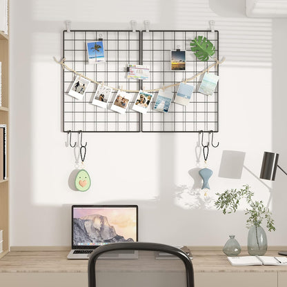 C&AHOME Photo Wall Display Set of 2, Grid Panel with Hooks, Clips, Hemp Cord, Hammer - 15.7" x 11.8", White UWWGM3402W
