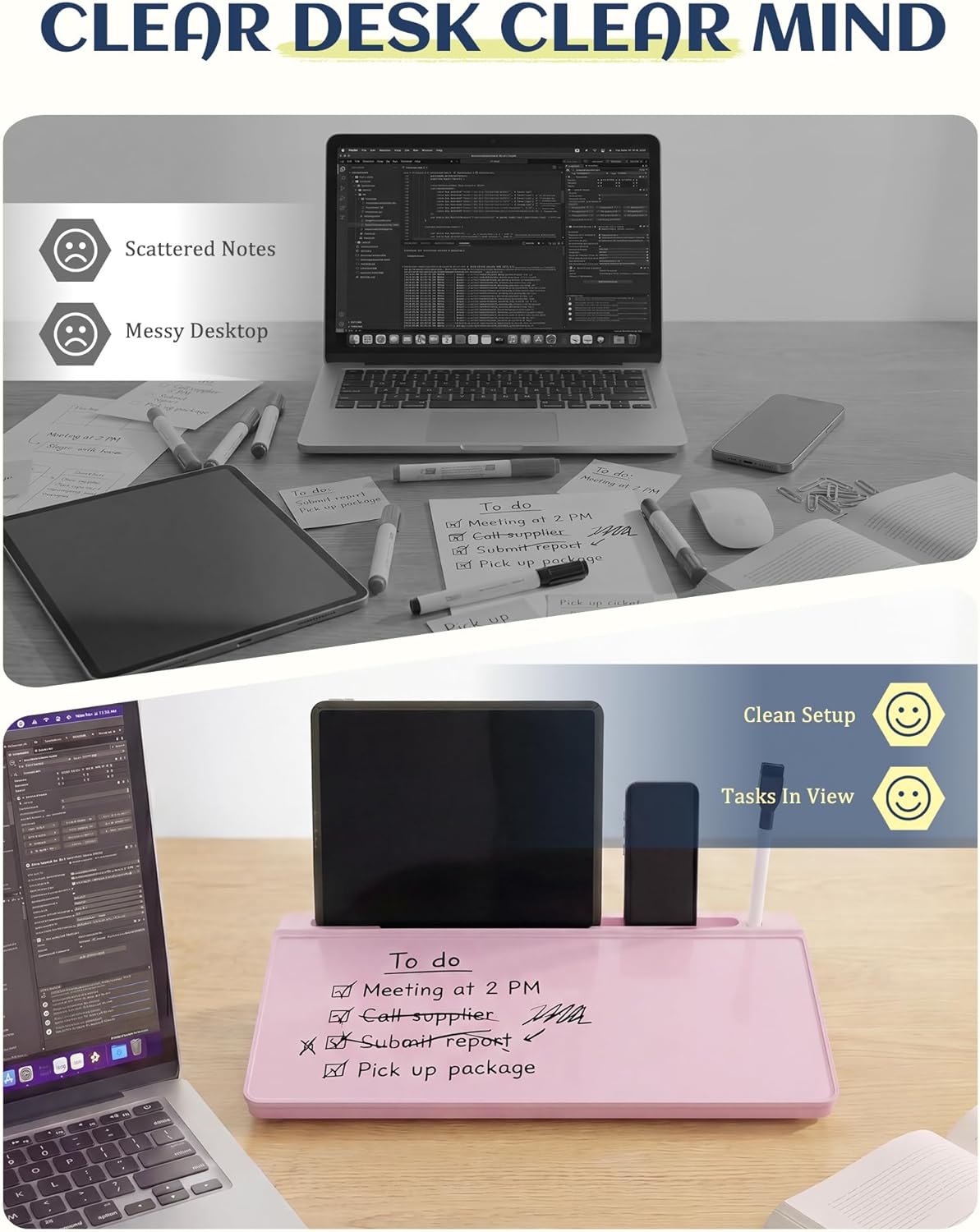 Glass Desktop Whiteboard, Dry Erase Board with Marker Holder, Computer Monitor Message Board and Desk Organizer for Home, Office and School Supplies (Pink)