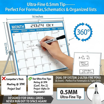 Magnetic Desktop Whiteboard with Calendar 12x16 Inch, Double Sided Tabletop Whiteboard with 10 Premium Markers (for Small Grids), 15-Pc Portable Monthly Planner for Office & School