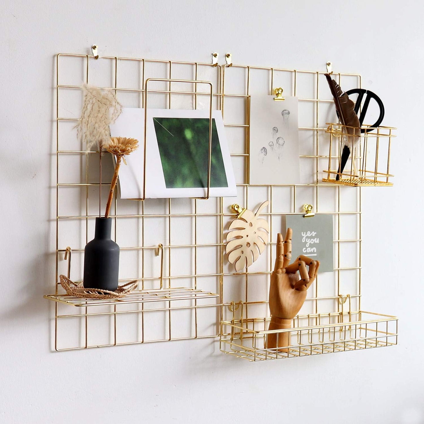 Wall Grid Panel for Photo Display,Wall Storage Organizer,5 Metal Clips & 3 S Hooks & 4 Nails & 4 Plastic Hanging Buckles and 4 Screws Offered,Size 17.5" x 11.8",2 Pack(Gold)