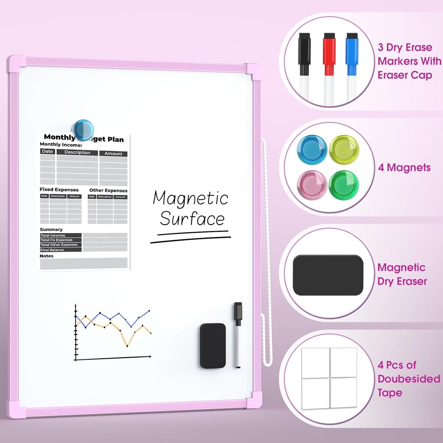 MaxGear Double-Sided Dry Erase Board for Wall, 16"x12" Hanging Whiteboard, Small Dry Erase White Board with 3 Markers and 4 Magnets, Portable Whiteboard for Planning, Drawing, Memo, to Do List