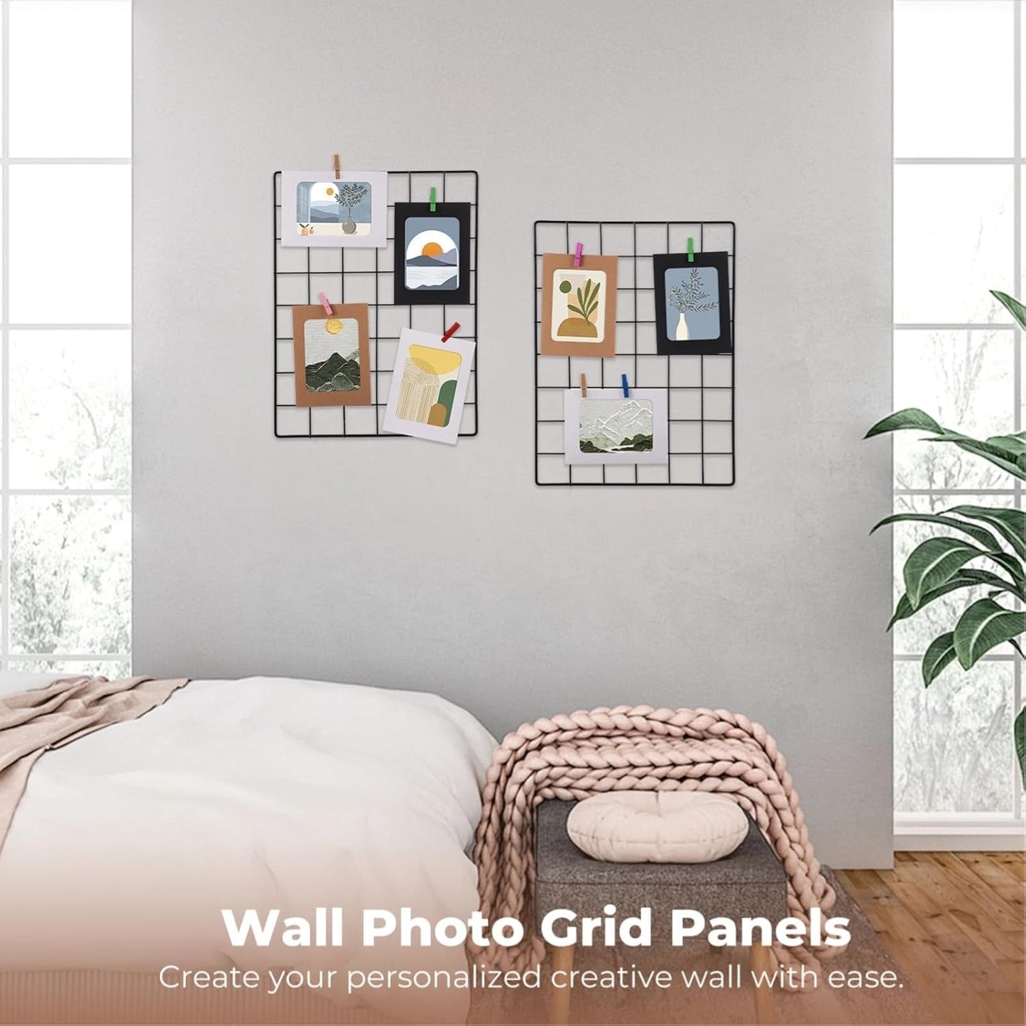 Lnrueg Wire Wall Grid Panel with Wall Grid Shelf with Photo Frames for Photo Display, Metal Mesh Message Board Memo Boards, Heavy Duty Gridwall Display Rack for Art Retail Display (Black-A)