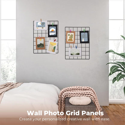 Lnrueg Wire Wall Grid Panel with Wall Grid Shelf with Photo Frames for Photo Display, Metal Mesh Message Board Memo Boards, Heavy Duty Gridwall Display Rack for Art Retail Display (Black-A)